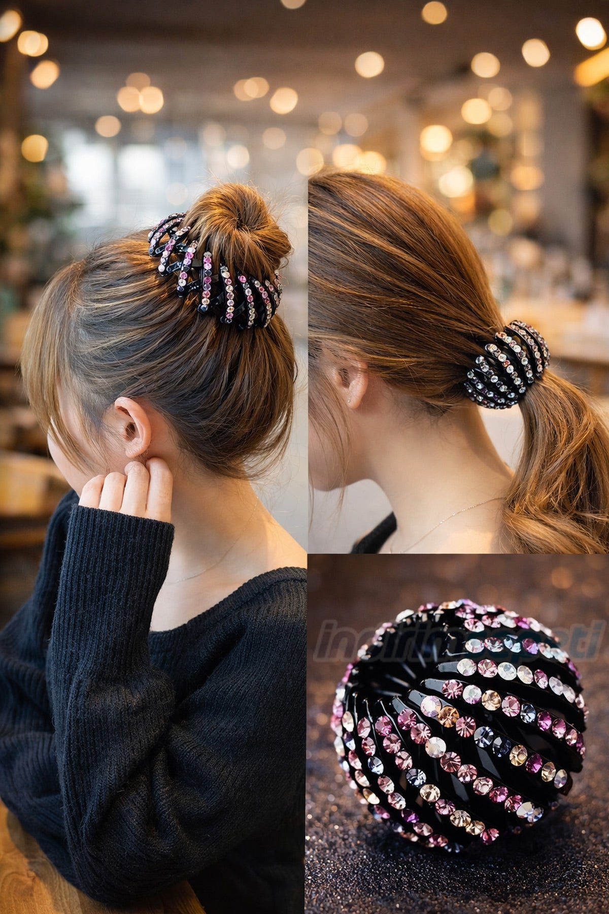 Saç Topuzu Aparatı Renkli Taşlı Saç Tokası Yarım Topuz Yapma Tokası Klipsi Taraklı Saç Toplama Tokası 1 Adet Karışık