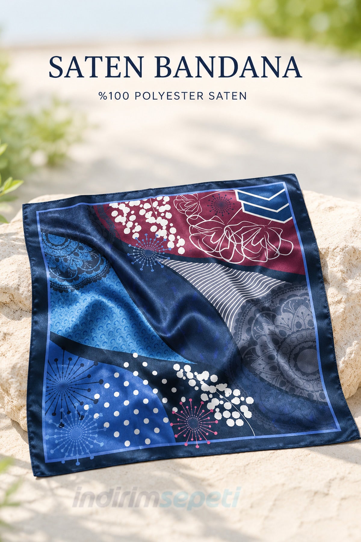 Lacivert Etnik Desenli Saten Bandana 50x50 cm – Modern Çiçek & Mandala Detaylı Parlak Fular