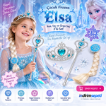 Çocuk Frozen Elsa Asa, Taç ve Örgü Saç 3’lü Set – Karlar Ülkesi Aksesuar Set