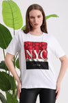 Kadın Beyaz Pamuklu T-Shirt  New York Baskılı Yuvarlak Yaka Kısa Kol T-Shirt