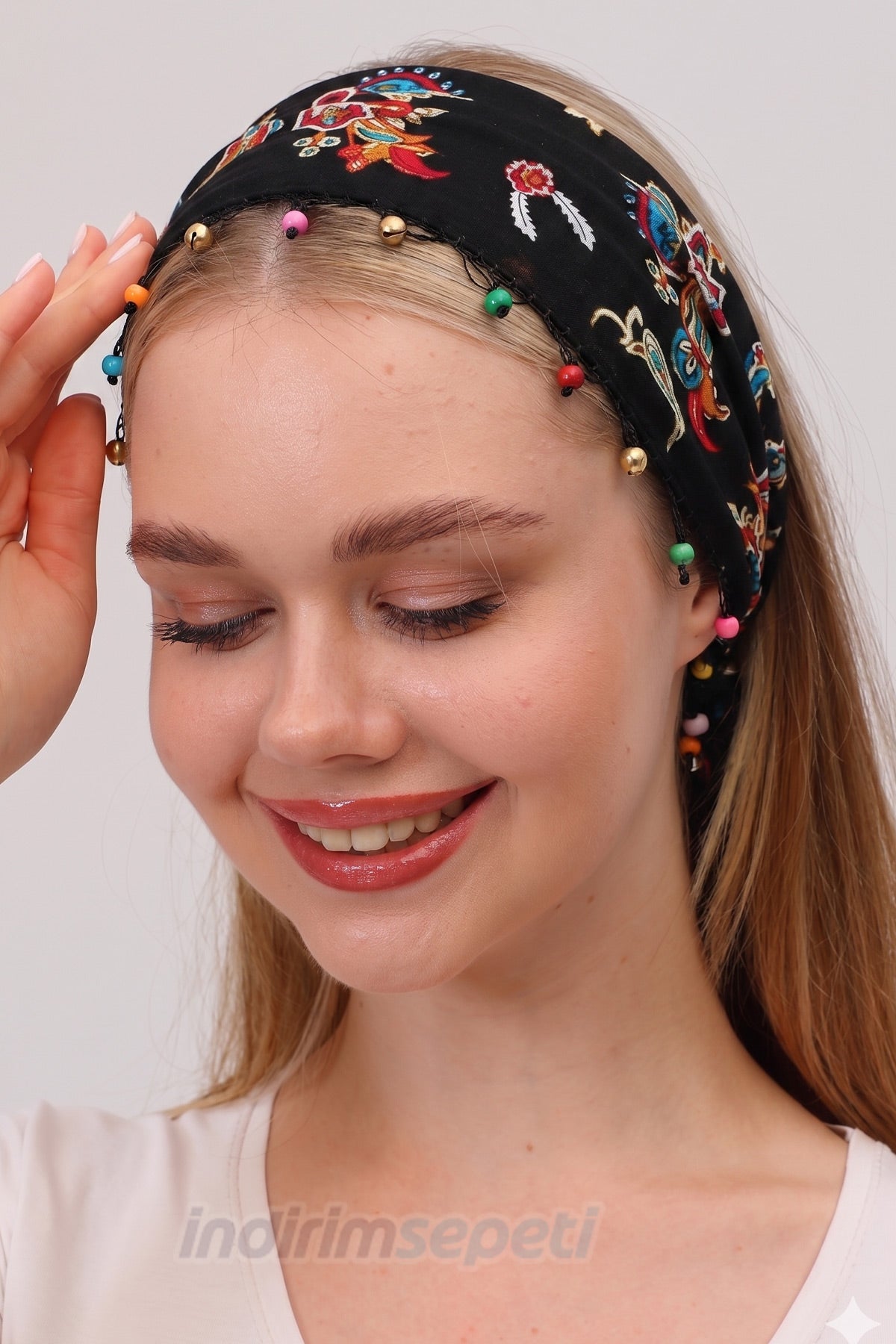 Boncuklu % 100 Pamuklu Kumaş Lastikli Bandana Saç Aksesuar Siyah