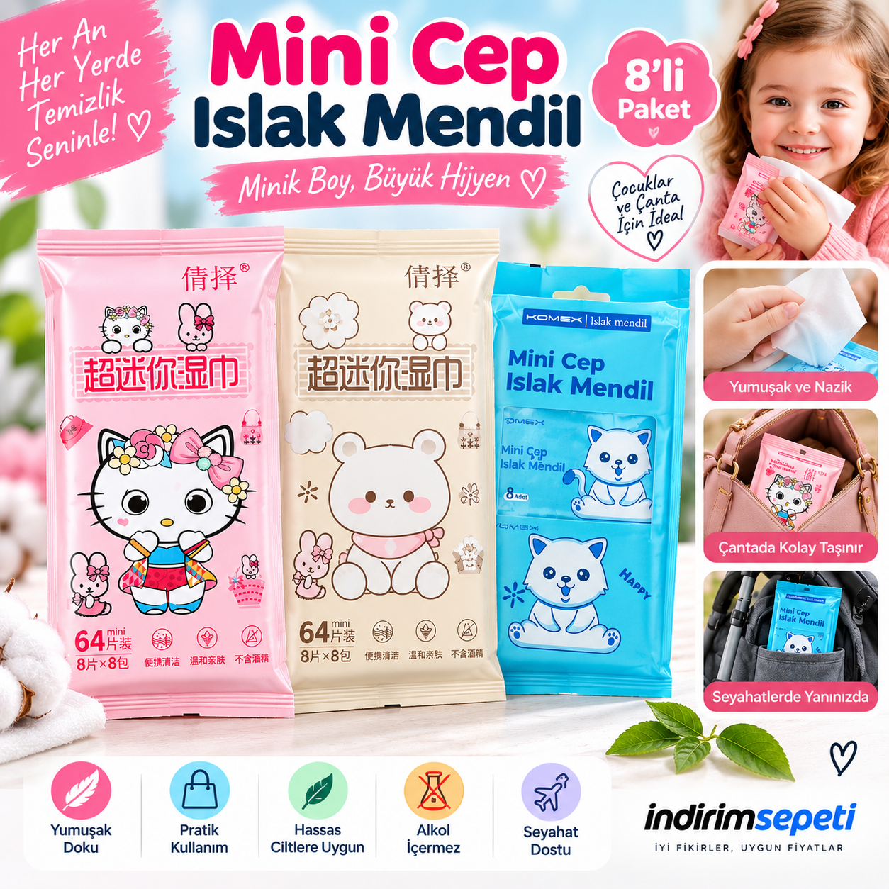 Mini Cep Islak Mendil 8’li Paket – 64 Adet | Çanta, Çocuk ve Günlük Kullanım İçin Pratik Islak Mendil 1 Adet