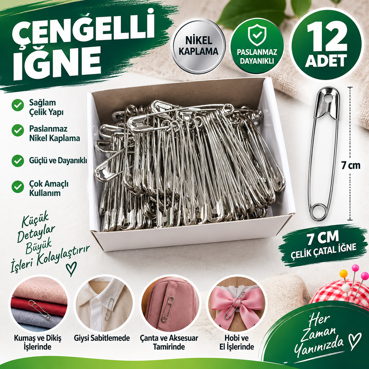 7 cm Büyük Çengelli İğne 12 Adet – Çelik Çatal İğne Dikiş ve Çok Amaçlı Kullanım