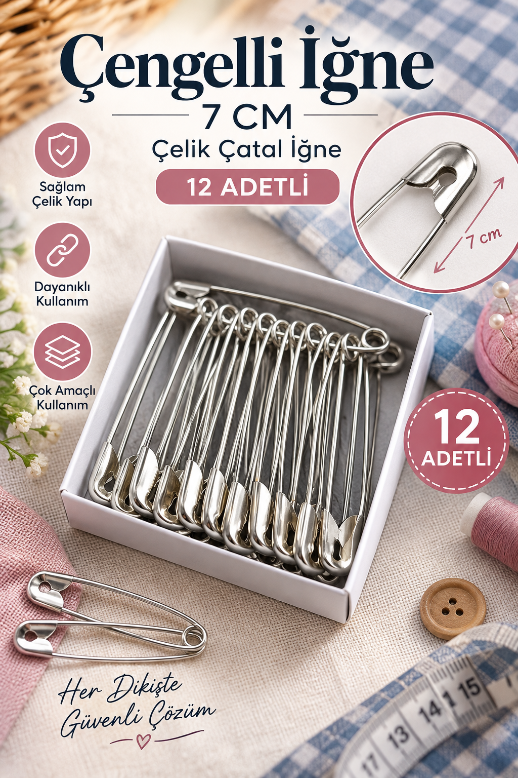 7 cm Büyük Çengelli İğne 12 Adet – Çelik Çatal İğne Dikiş ve Çok Amaçlı Kullanım