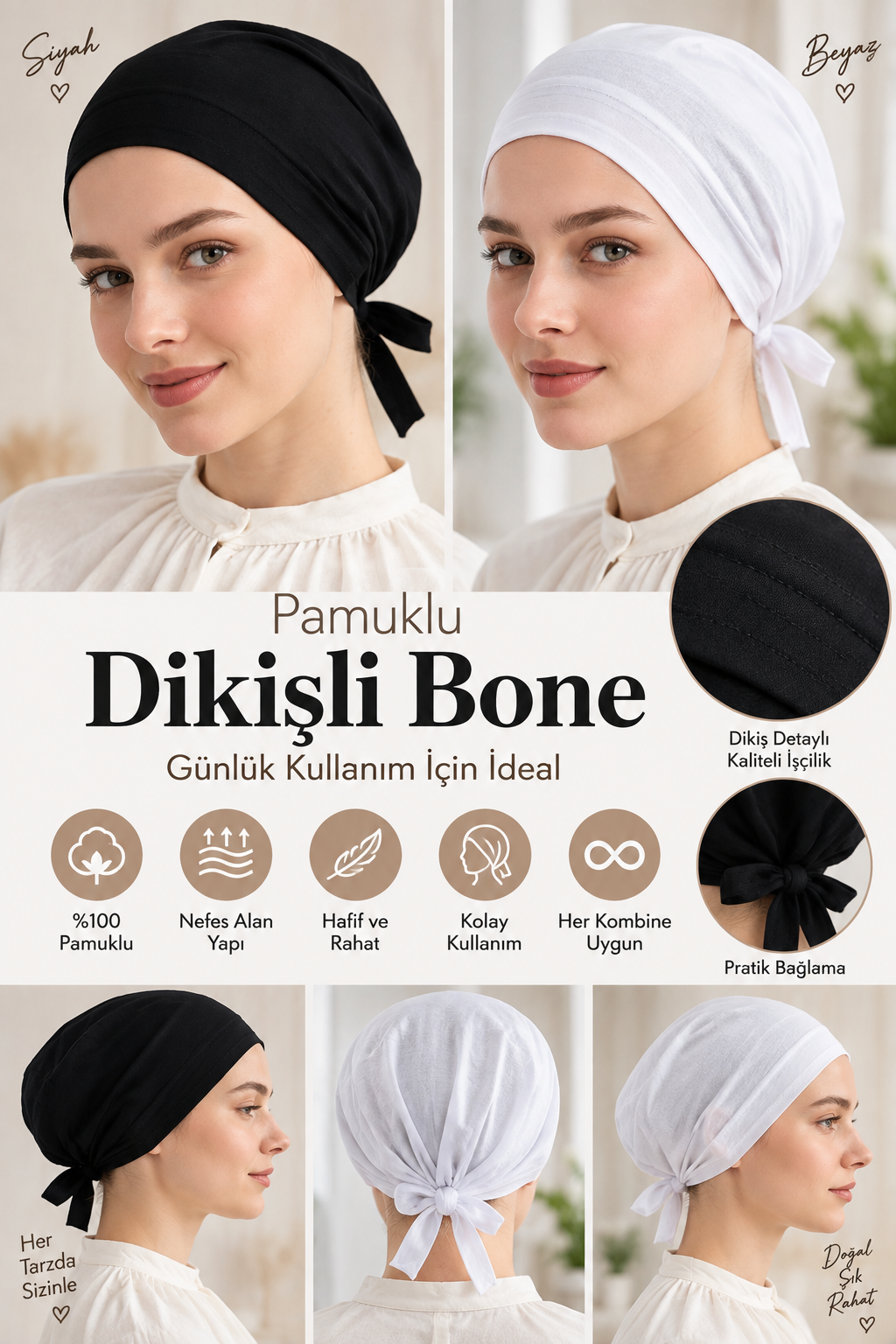 Siyah & Beyaz Pamuklu Dikişli Bone 2’li Set – Bağlamalı Rahat Saç Bonesi