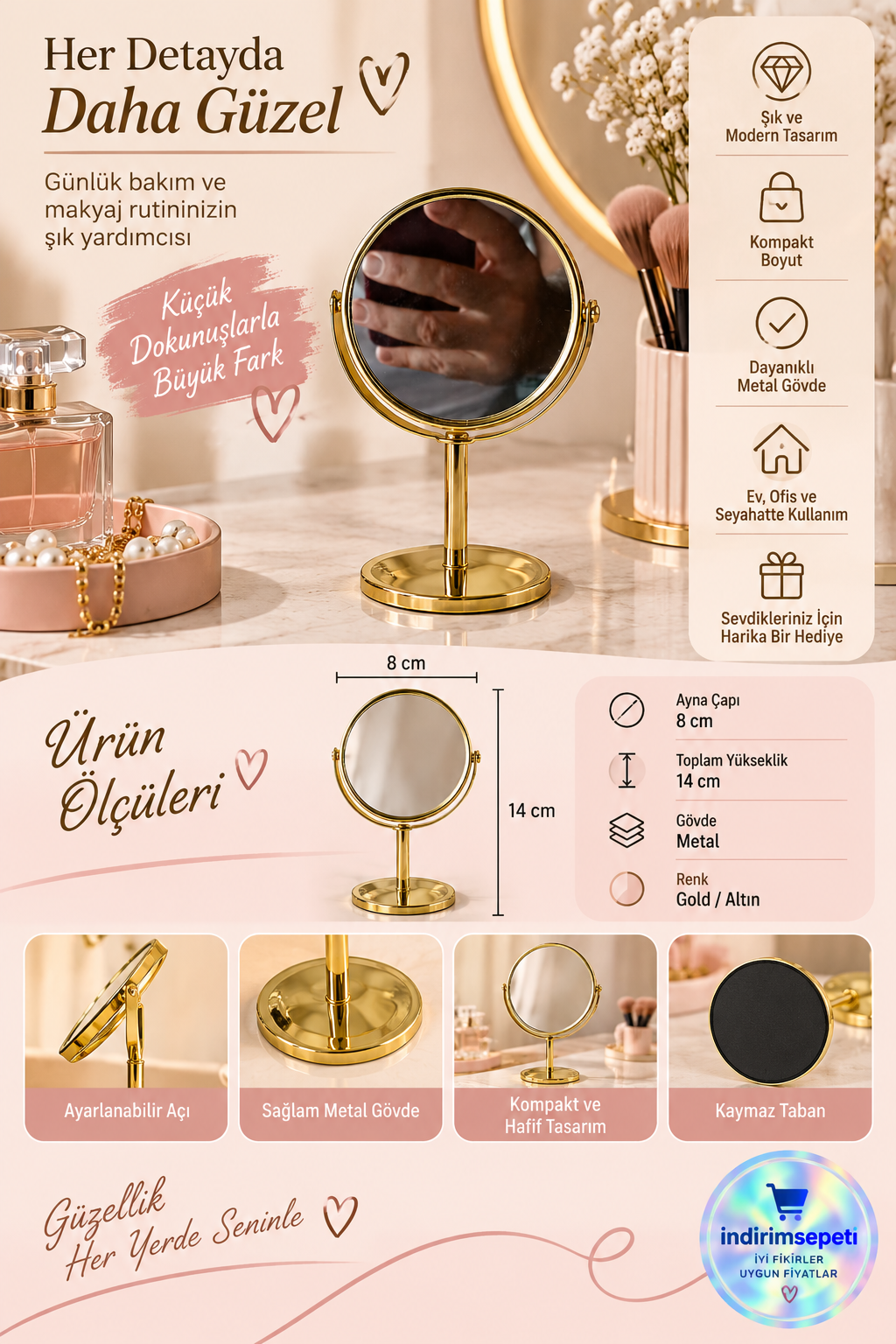 Gold Metal Masaüstü Makyaj Aynası 8 cm | 14 cm Ayarlanabilir Kozmetik Aynası