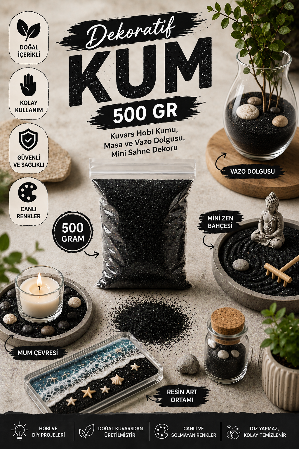 Siyah ince Taneli Dekor Kum 500 Gr– Kum Boyama  Kumu ve Hobi Kullanımı El Sanatları
