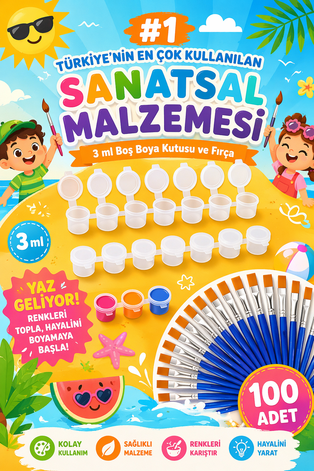 Boyama Başlangıç Seti 100’lü 3ml Boya Kutusu + 100’lü Fırça Okul Atölye Eğitim Seti