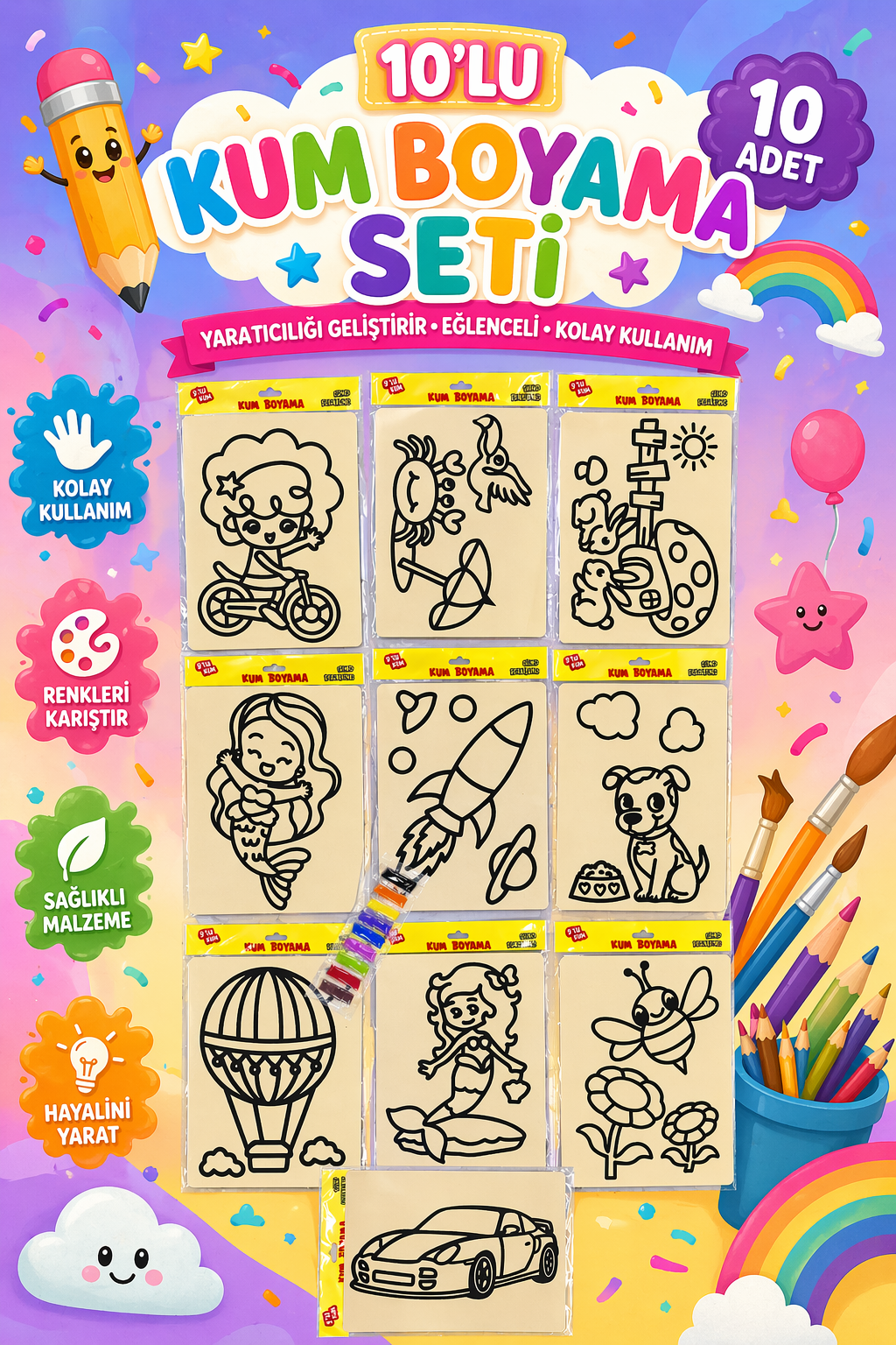 10’lu Kum Boyama Seti A4 Büyük Boy | 10 Farklı Model Renkli Kum Boyama Çocuk Aktivite Seti - indirimsepeti
