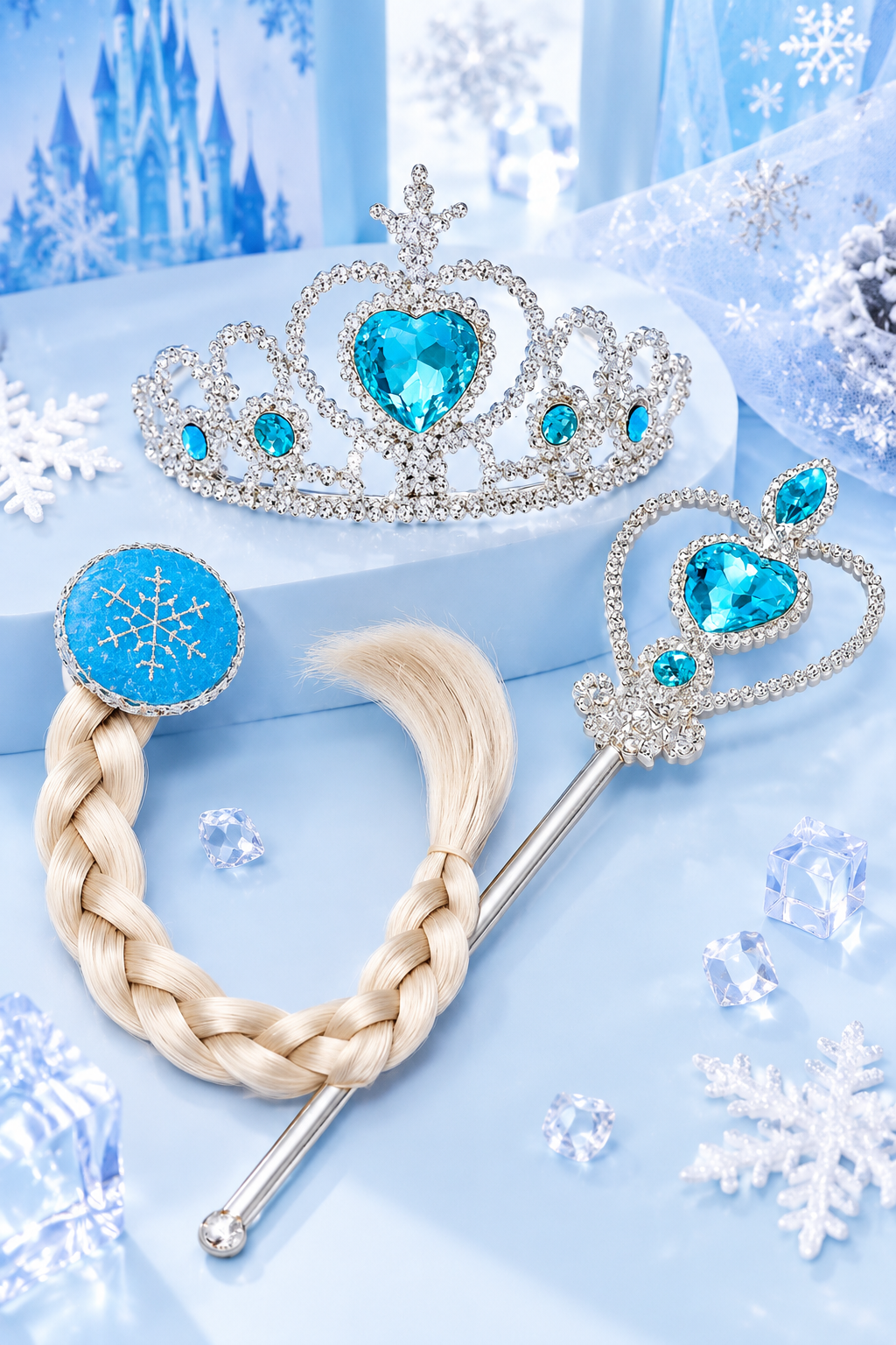 Çocuk Frozen Elsa Asa, Taç ve Örgü Saç 3’lü Set – Karlar Ülkesi Aksesuar Set