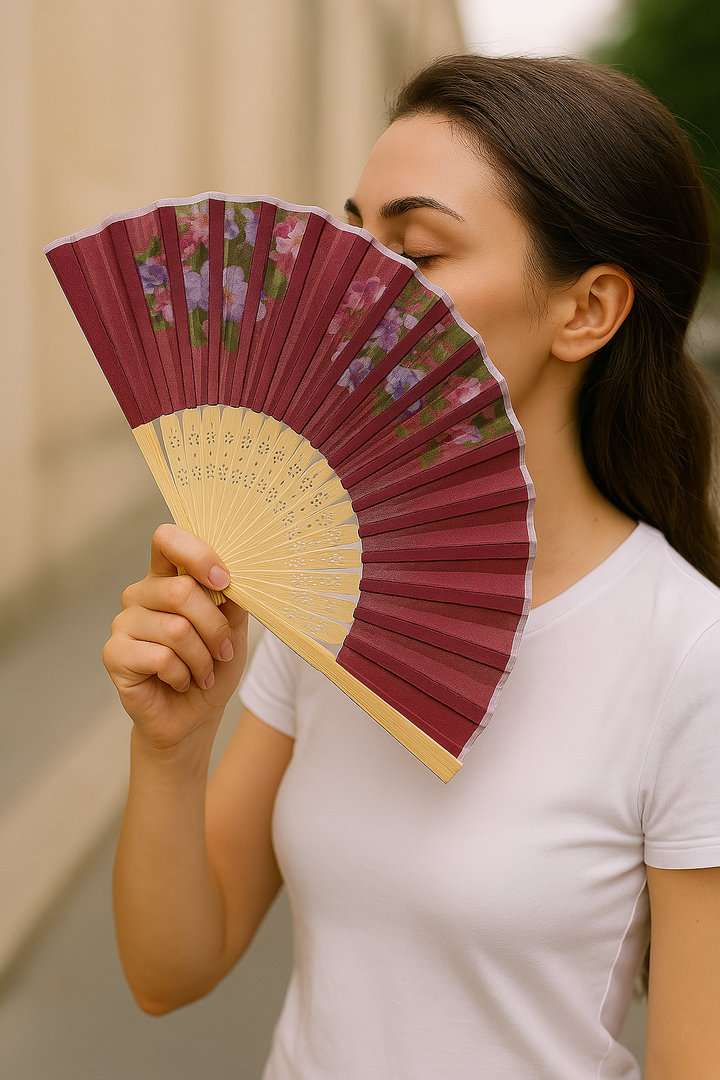 Ahşap Bambu Yelpaze  22cm Katlanabilir El Yelpazesi – Çiçek Desenli Taşınabilir - Indirimsepeti