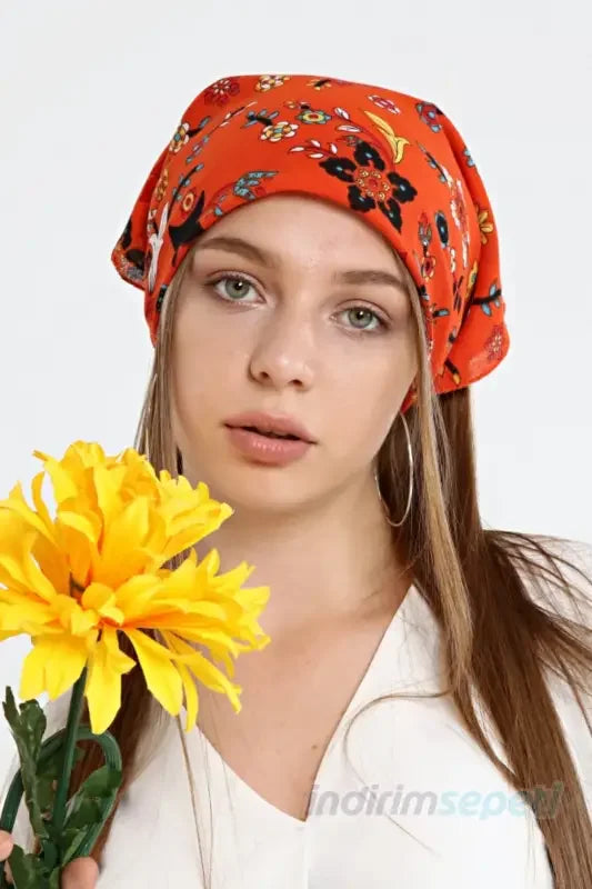Bandana Çiçek Desenli %100 Pamuklu Saç Aksesuar Turuncu - Indirimsepeti