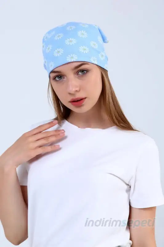 Bandana Fular Papatya Desenli %100 Pamuk Saç Aksesuar Mavi - Indirimsepeti