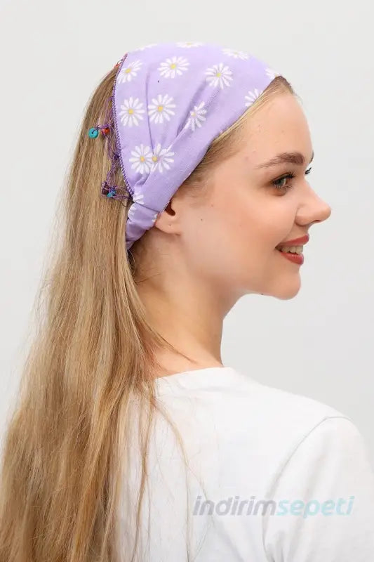 Bandana Papatya Desenli Boncuklu El Yapımı Saç Bandı Lastikli Saç Aksesuar Lila - Indirimsepeti