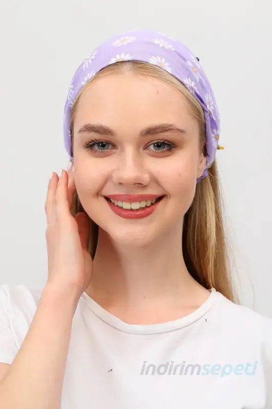 Bandana Papatya Desenli Boncuklu El Yapımı Saç Bandı Lastikli Saç Aksesuar Lila - Indirimsepeti