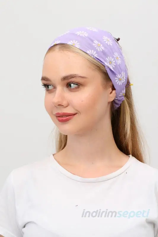 Bandana Papatya Desenli Boncuklu El Yapımı Saç Bandı Lastikli Saç Aksesuar Lila - Indirimsepeti