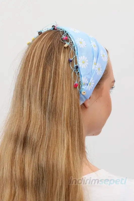 Bandana Papatya Desenli Boncuklu El Yapımı Saç Bandı Lastikli Saç Aksesuar Mavi - Indirimsepeti
