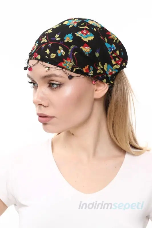 Boncuklu % 100 Pamuklu Kumaş Lastikli Bandana Saç Aksesuar Siyah - Indirimsepeti