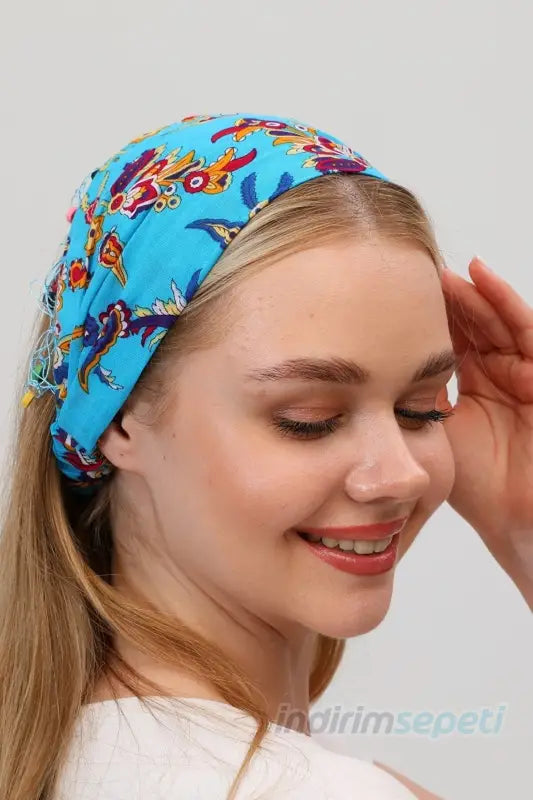 Boncuklu Pamuklu Kumaş Paraşüt Lastikli Bandana Saç Aksesuar Mavi - Indirimsepeti