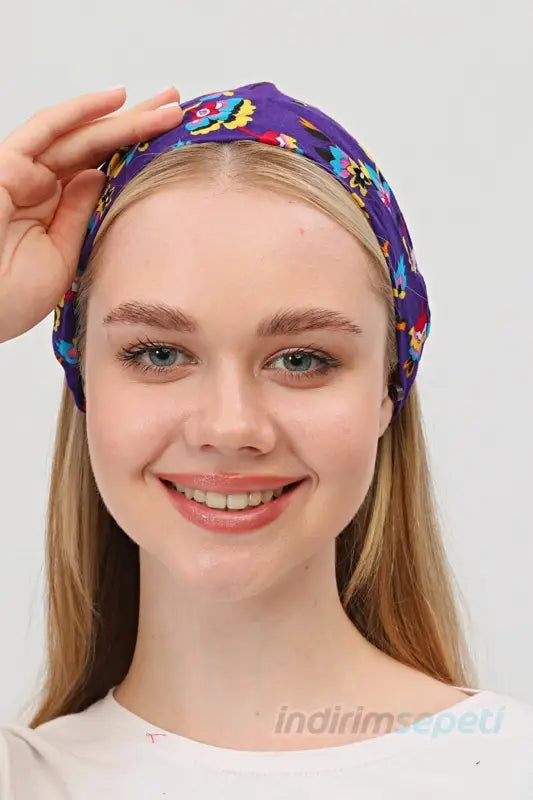 Boncuklu % 100 Pamuklu Kumaş Paraşüt Lastikli Bandana Saç Aksesuar Mor - Indirimsepeti