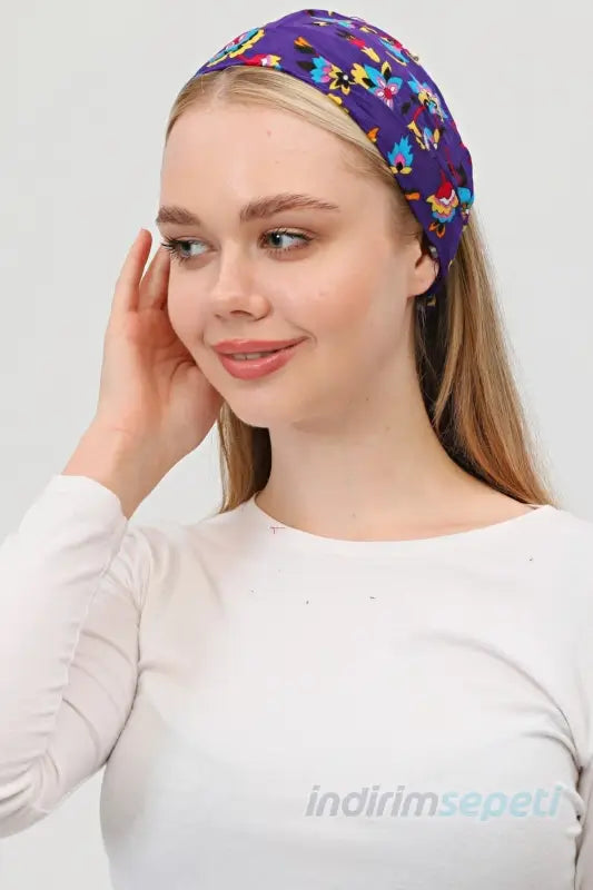 Boncuklu % 100 Pamuklu Kumaş Paraşüt Lastikli Bandana Saç Aksesuar Mor - Indirimsepeti