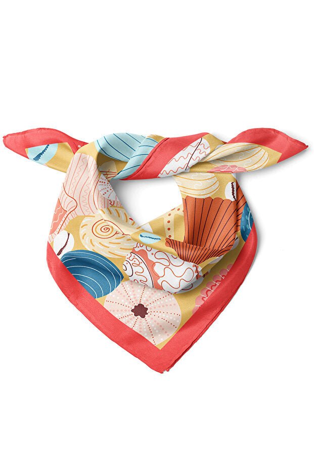 Kırmızı Bordürlü Deniz Kabuğu Desenli Saten Bandana 50x50 cm | Çanta & Boyun Fuları Şık Aksesuar - indirimsepeti