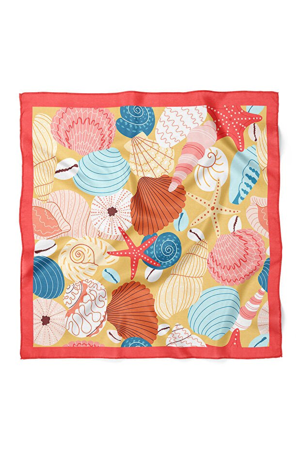 Kırmızı Bordürlü Deniz Kabuğu Desenli Saten Bandana 50x50 cm | Çanta & Boyun Fuları Şık Aksesuar - indirimsepeti