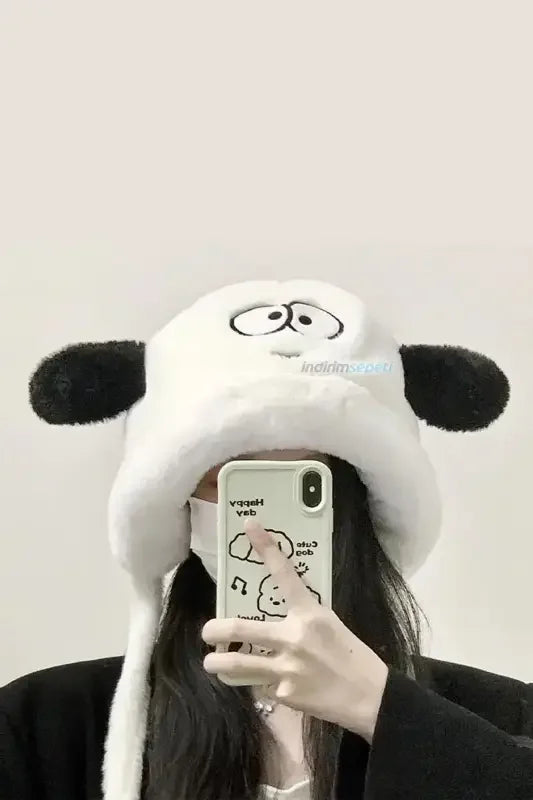 Kürklü Kulaklıklı Pelüş Şapka Bere Balıkçı Şapkası Sevimli Göz - Indirimsepeti