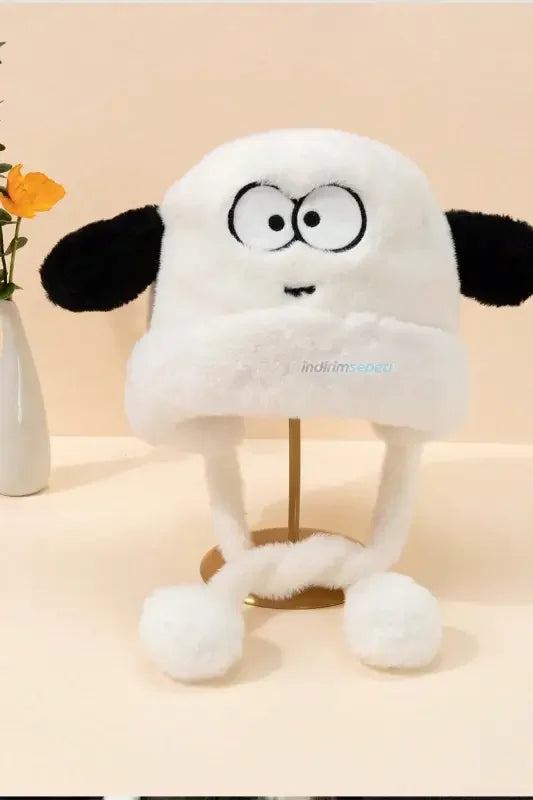 Kürklü Kulaklıklı Pelüş Şapka Bere Balıkçı Şapkası Sevimli Göz - Indirimsepeti