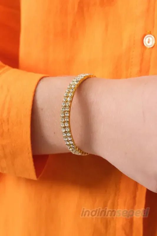 Zirkon Taşlı Ikili Su Yolu Bileklik Gold Altın Sarı - indirimsepeti